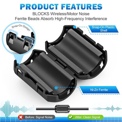 Snap-On Ferrite Ring with Black or Grey Finish for Various Cable Types and Long-lasting Cable Noise Suppression